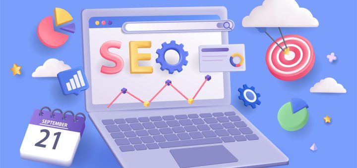 Seo optimization concept 3D illustration. Icon composition with data statistics at laptop screen, traffic increase, target, calendar, diagram and other. Vector illustration for modern web design