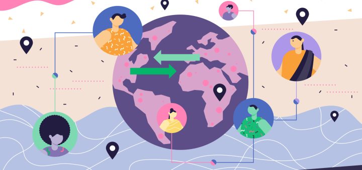 Globalisation modern abstract concept vector illustration. Stylized world connection scheme. People around the globe, day and night web network and social relations. Technology and internet community.